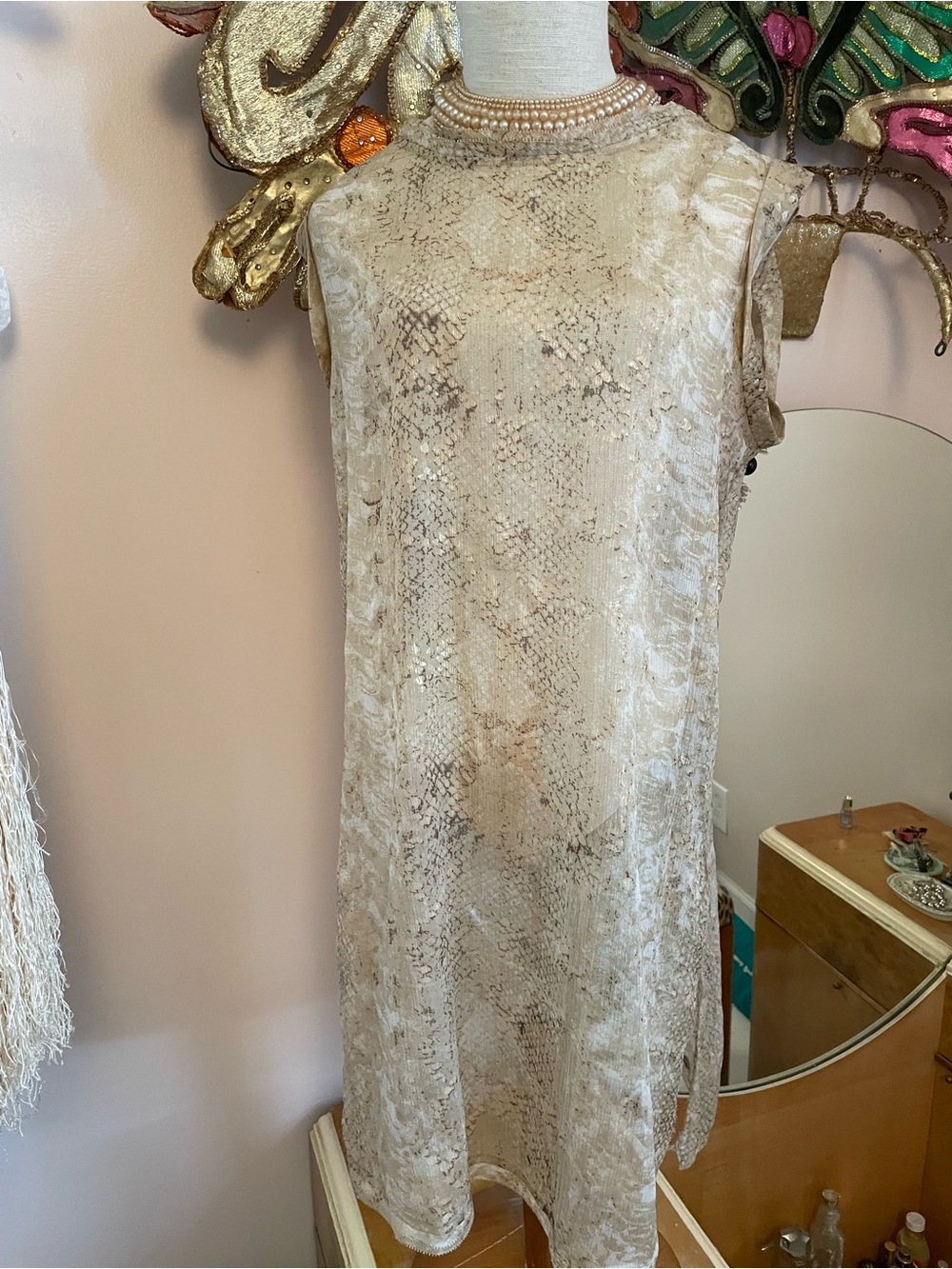 Sheer Snake-Print Shift Dress with Gold Metallic Detail